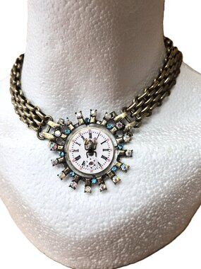Time Flies Faux Watch Pendant Necklace Mesh Chain AB Crystals Fairycore Steampun